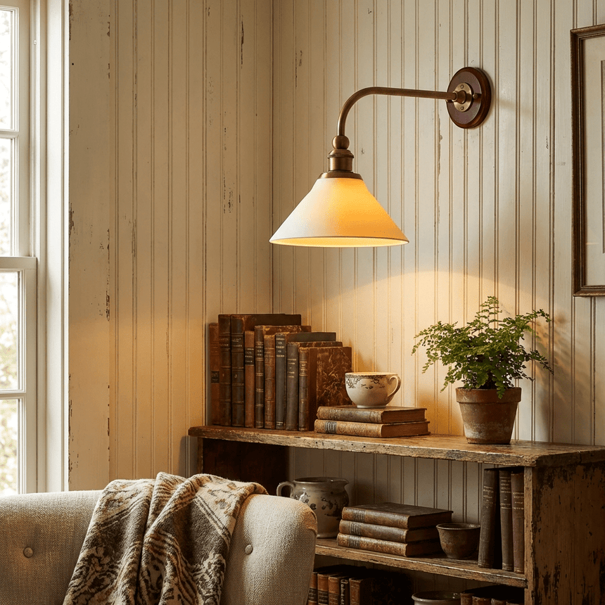 The sconce lit above a wood shelf of books and a plant beside an armchair
