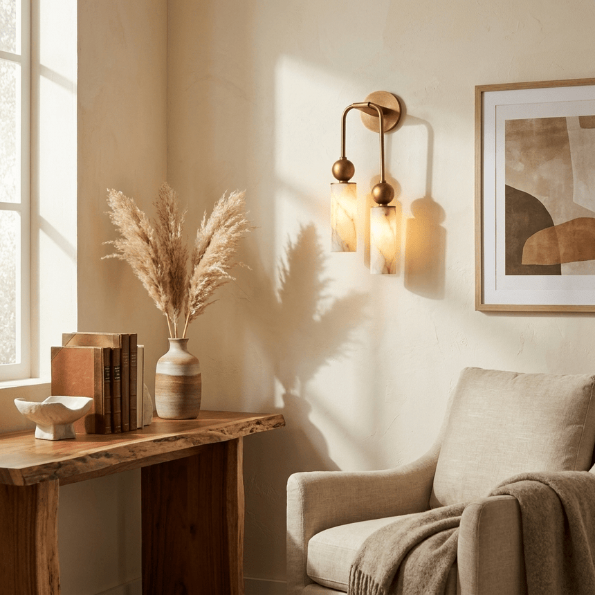 The light beside framed art above a console and a cream armchair