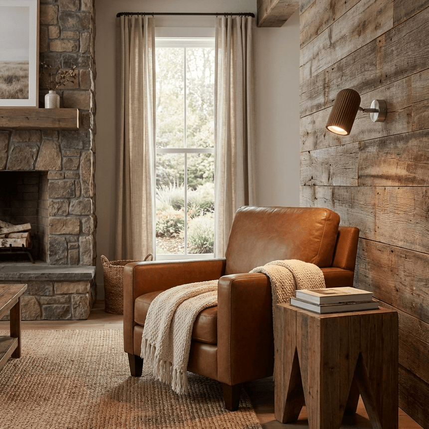 Sconce lit on a plank wall beside a leather chair, a stool and a fireplace