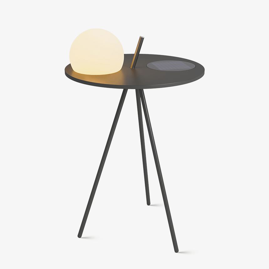 Slim tripod side table in dark metal with a white globe on its top
