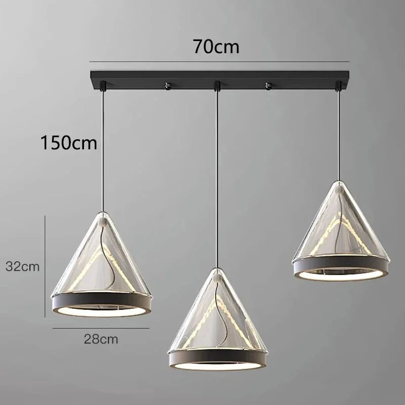 Three cones drawn hanging from a 70 cm straight ceiling plate