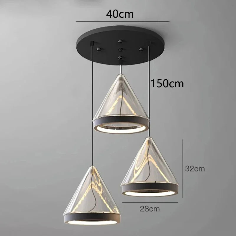 Three cones drawn hanging from a 40 cm round ceiling plate
