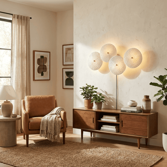 The disc light glowing above a walnut sideboard beside a leather armchair and plants