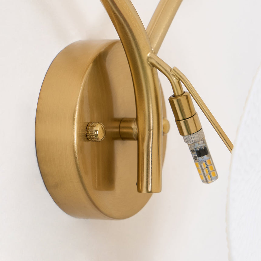 The gold wall plate and stem with a G4 bulb shown beside it
