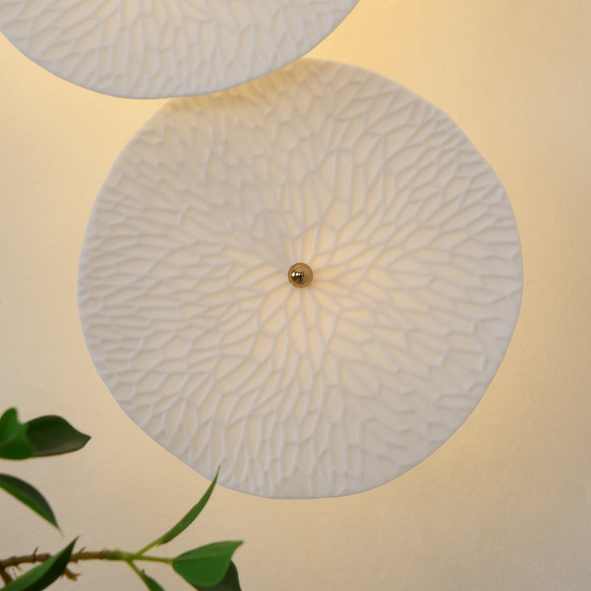 Close view of a lit disc, its petal texture glowing