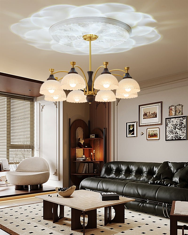 The domes lit above a low table with a pale sofa group around it