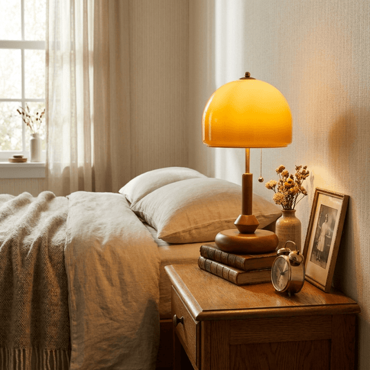 Amber dome table lamp lit on a nightstand beside a made bed