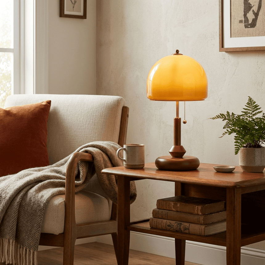 Amber dome table lamp lit on a side table beside a pale armchair