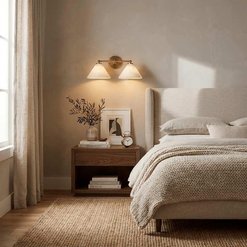 The sconce lit above a nightstand with books beside a bed and a curtain