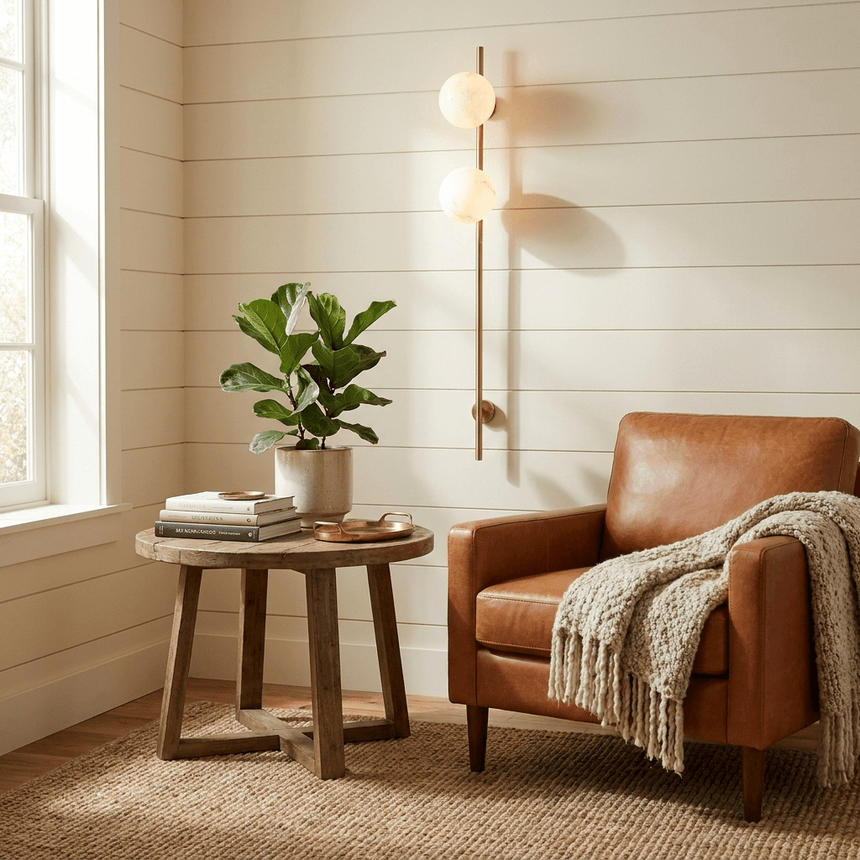The lit sconce above a side table and a leather armchair with a throw