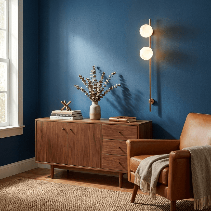 The lit sconce on a deep blue wall above a cabinet and an armchair