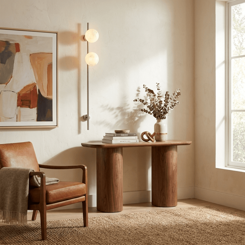 The lit sconce beside a curved desk with books and an armchair