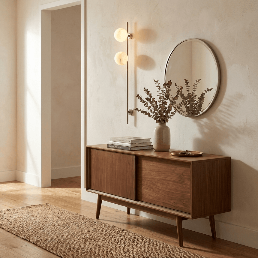 The lit sconce beside a round mirror above a walnut sideboard
