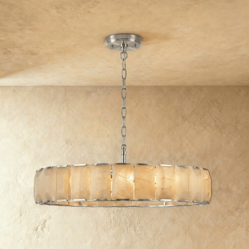 The widest alabaster drum in a polished silver frame and chain