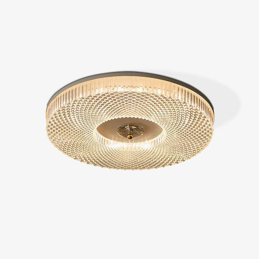 Drum flush mount ceiling light with a ribbed band and a brass center