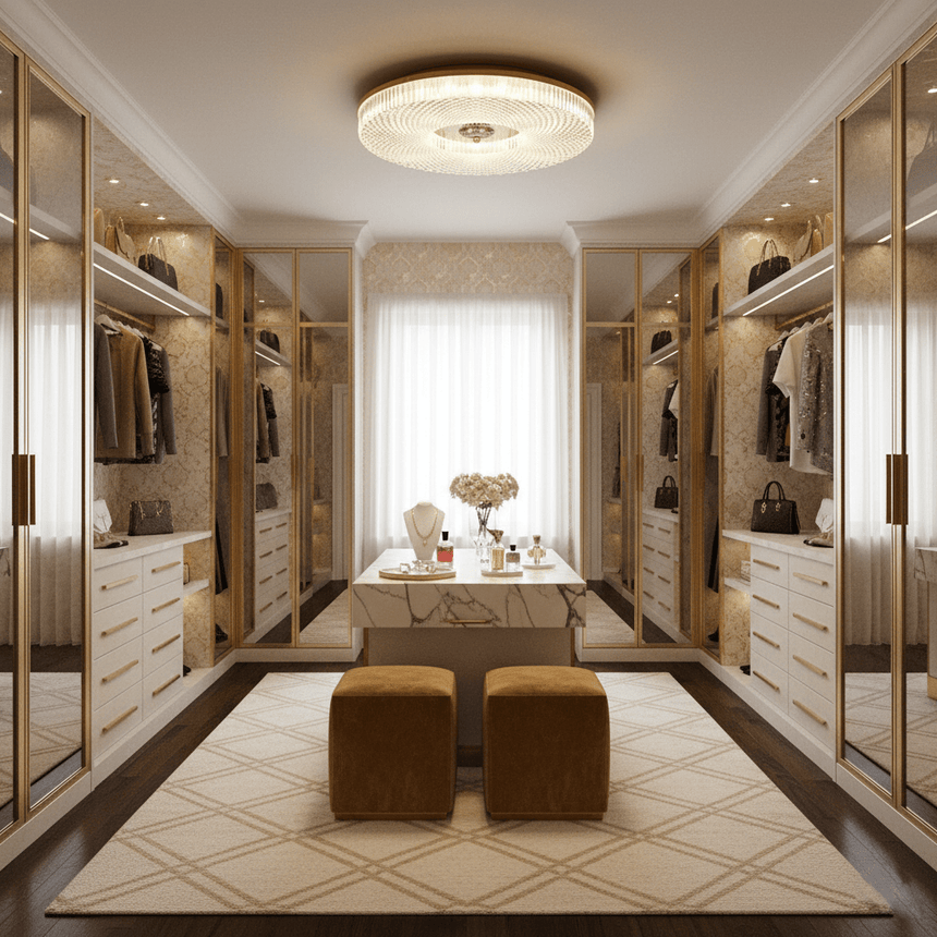 Ribbed drum ceiling light in a walk in closet with mirrored doors