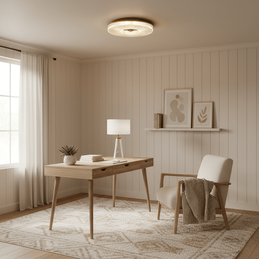 Ribbed drum ceiling light above a desk beside a curtained window
