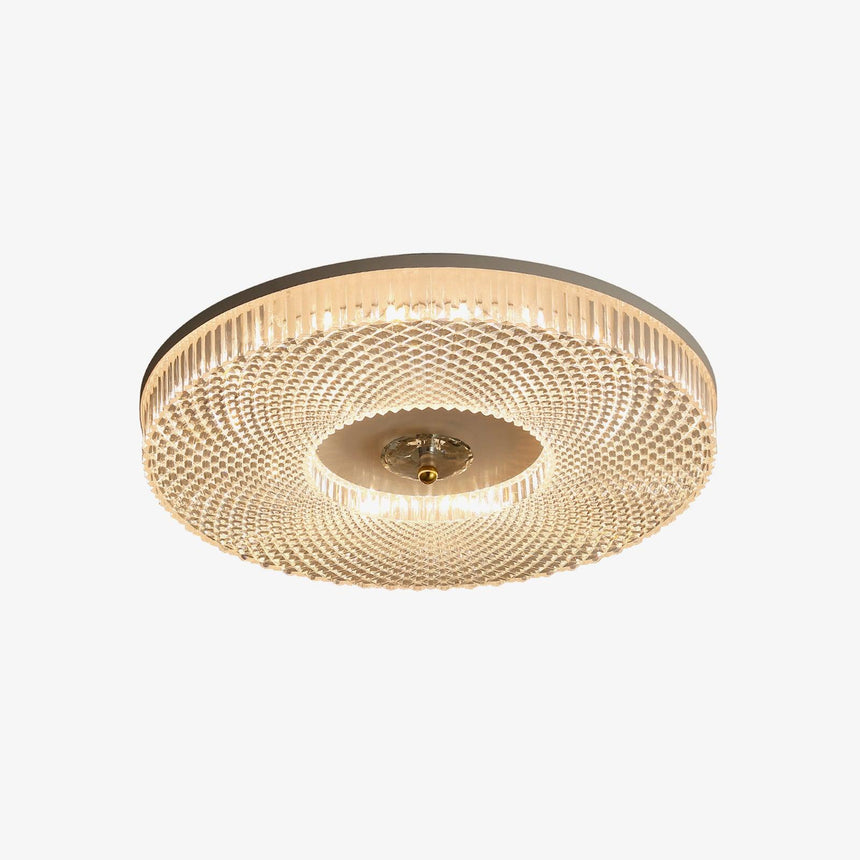 Ribbed drum ceiling light with a dark rim on a pale backdrop
