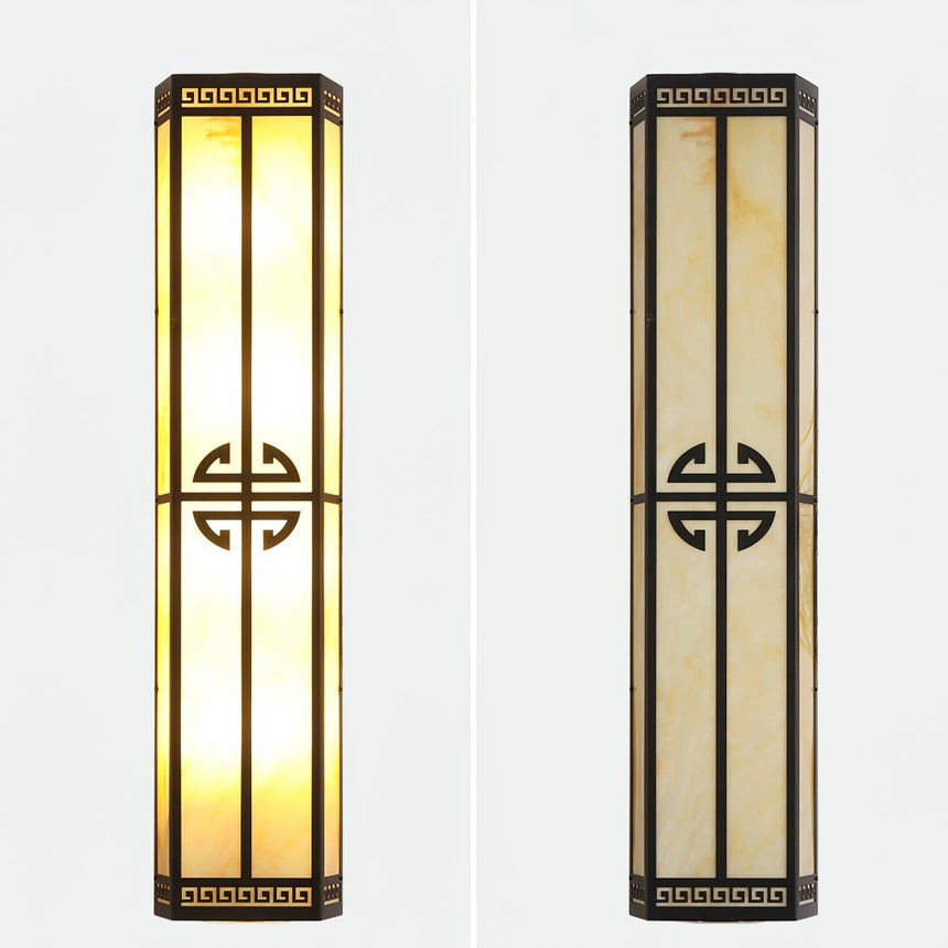 The lantern shown lit and unlit side by side, the veined panels visible when off
