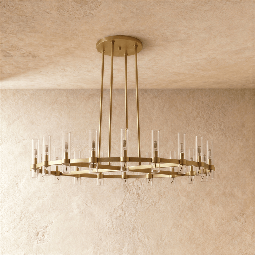 The brass ring seen at an angle, candle tubes standing up from the flat band