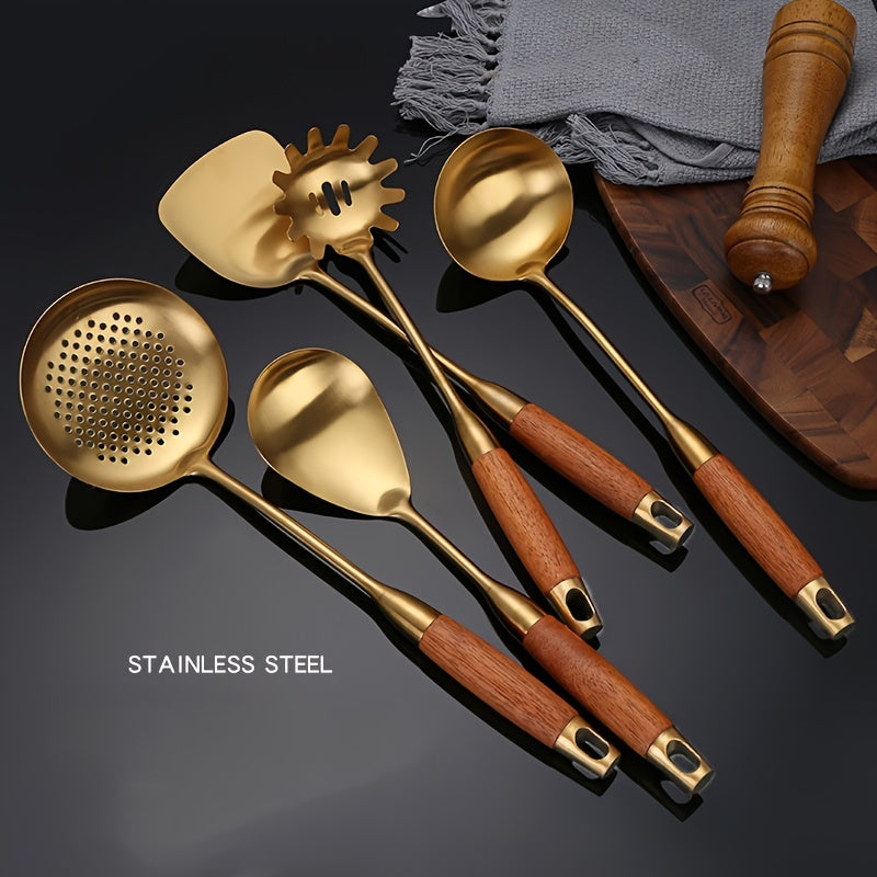 Gold and silver kitchen utensil set full view