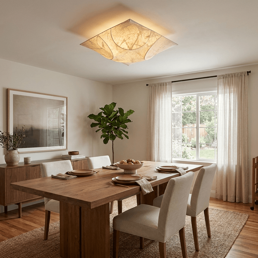 Square silk ceiling light above a dining table with upholstered chairs