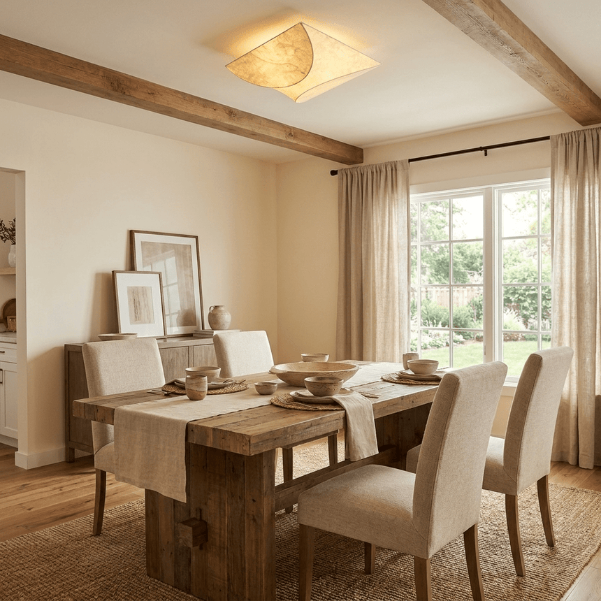 Square silk ceiling light in a dining room with a wood table and beams