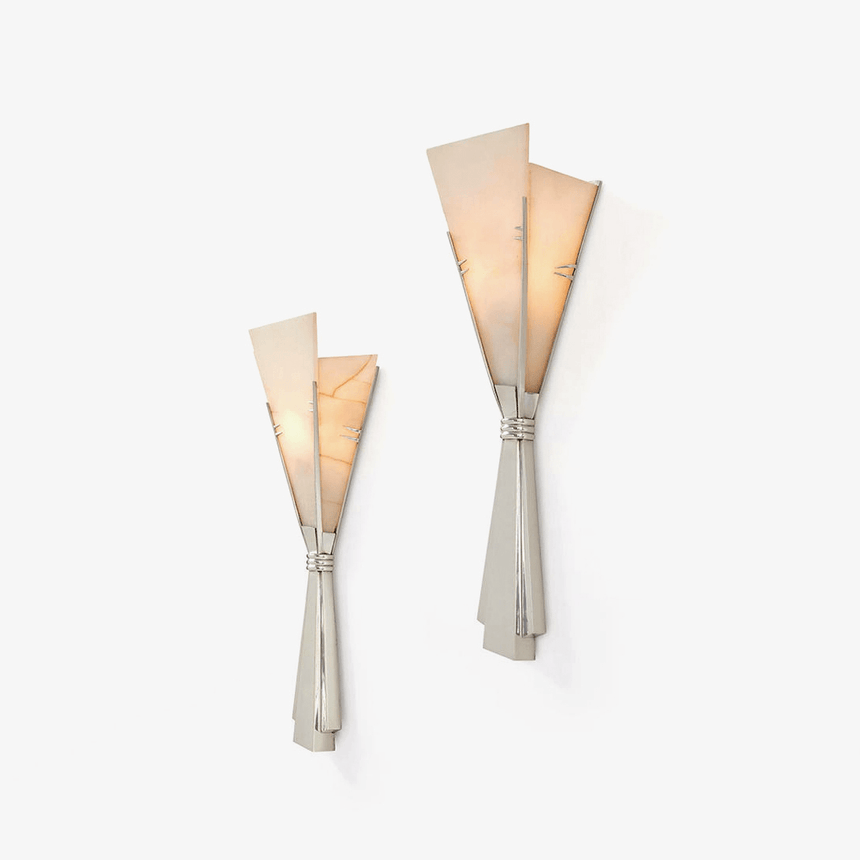 Two sizes of a fan shaped wall light with layered alabaster blades on a polished metal stem