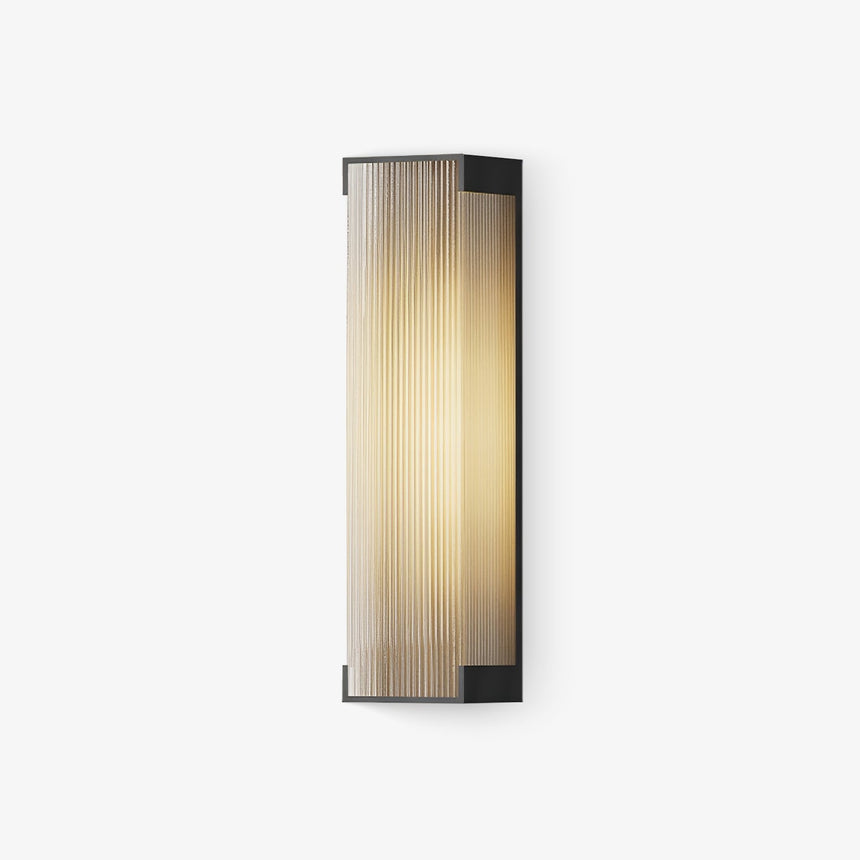 Flat outdoor wall light in black with a ribbed translucent lit face