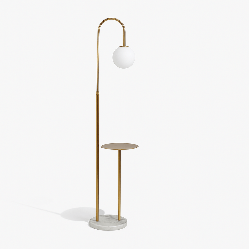 A gold stem with a hooked top and a glass globe above a round wooden tray table