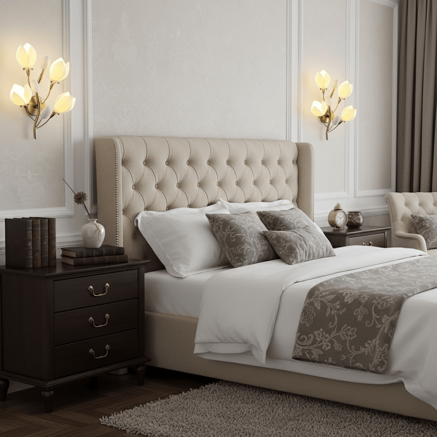 A pair of magnolia lights on each side of a tufted headboard in a cream bedroom