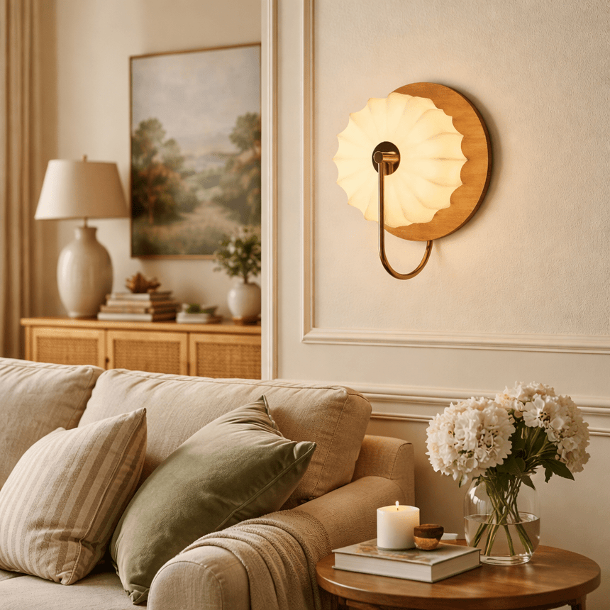 Sconce lit above a sofa with cushions beside a table of hydrangeas