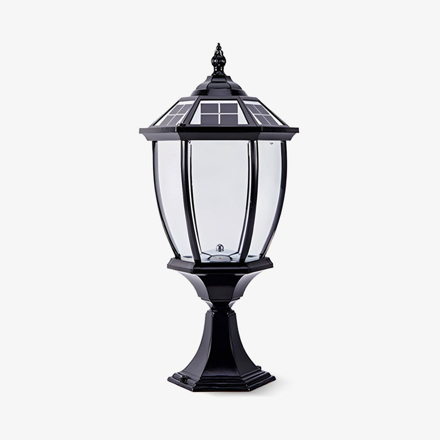 Six sided lantern with a domed roof and a finial on a pedestal base