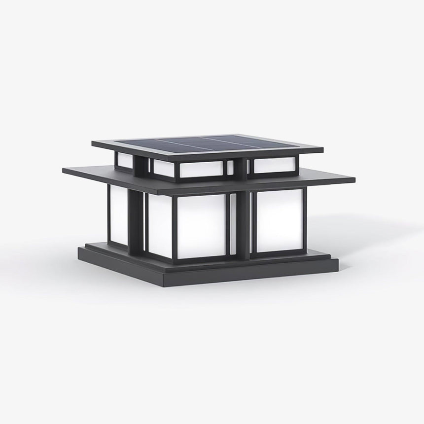 Two tier post cap with a flared roof over a square frame and pale panels