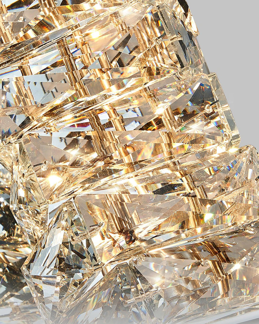 Close view of the cut crystal blocks lit from behind