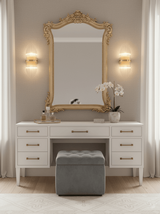 Two rod sconces on each side of a gilt mirror above a white dressing table