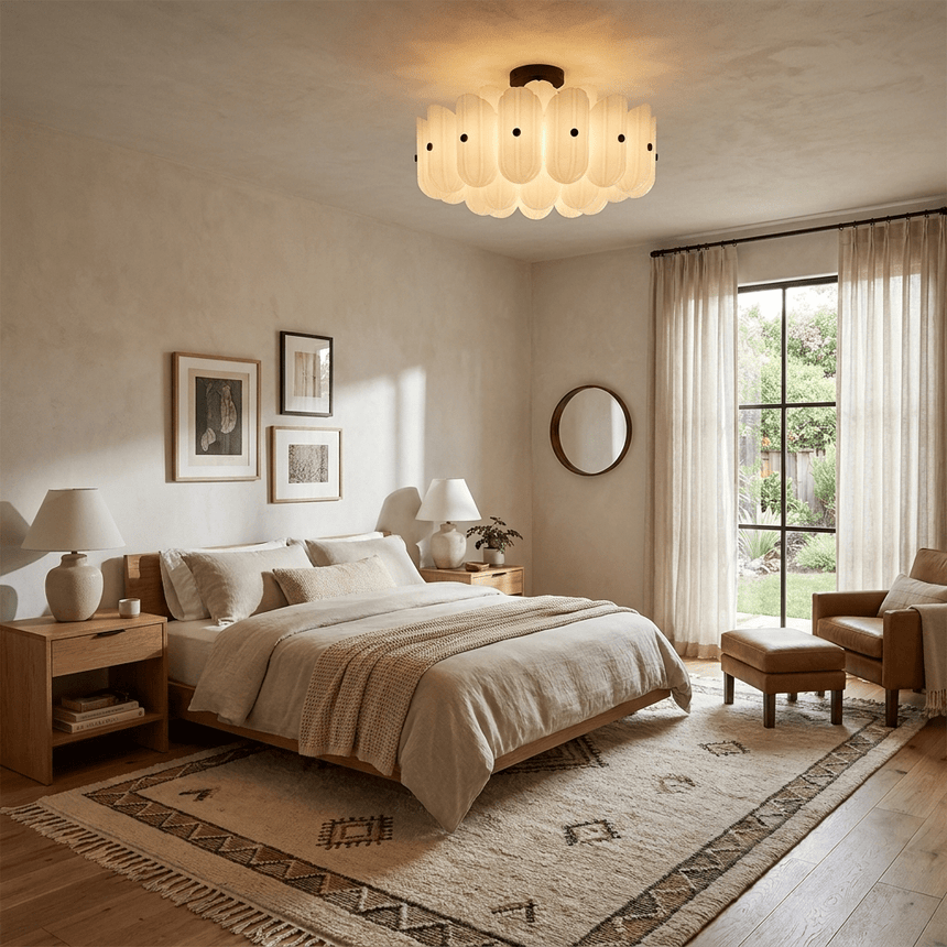 Fluted glass ceiling light in a bedroom with a linen bed and a patterned rug