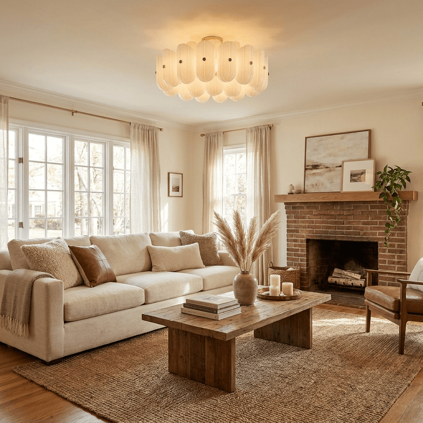 Fluted glass semi flush light in a living room with a sofa and a brick fireplace