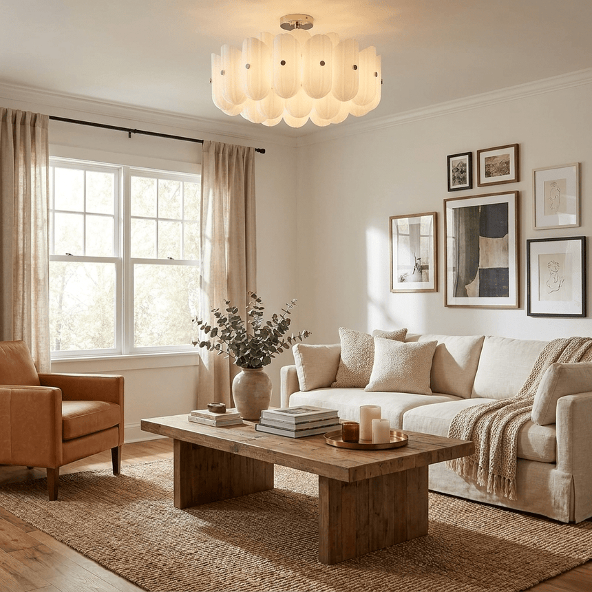 Fluted glass semi flush light in a living room with framed art and a wood table