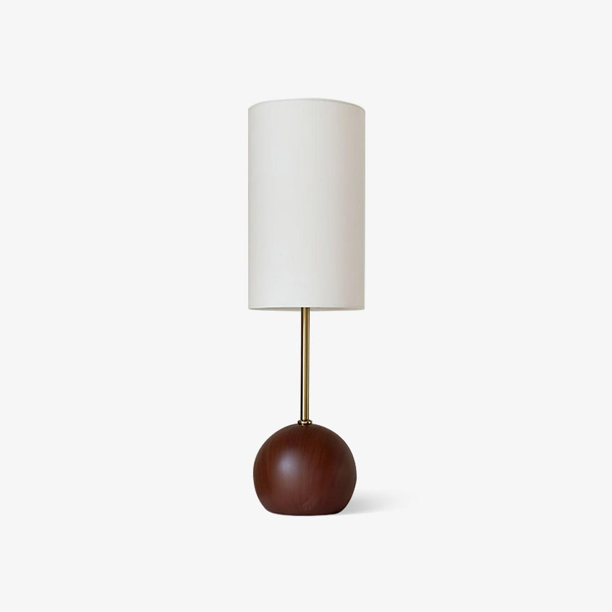 Globe table lamp with a walnut sphere base and a tall white shade, plain background