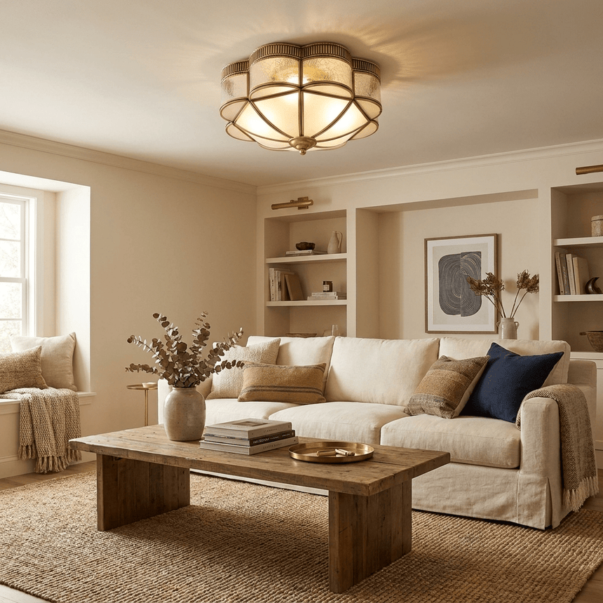 Scalloped brass ceiling light in a living room with built in shelving