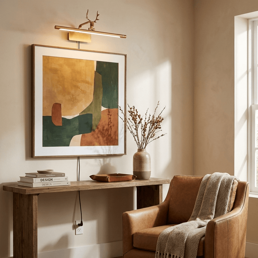 Gold bar lit above a large abstract canvas over a console with books and a vase