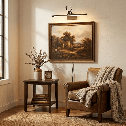 Gold bar lit above a framed landscape over a side table beside a leather armchair