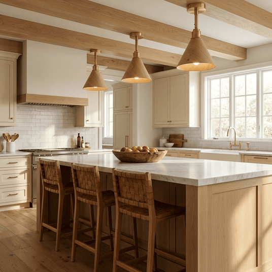 Three cone ceiling lights lit above a kitchen island with wood stools