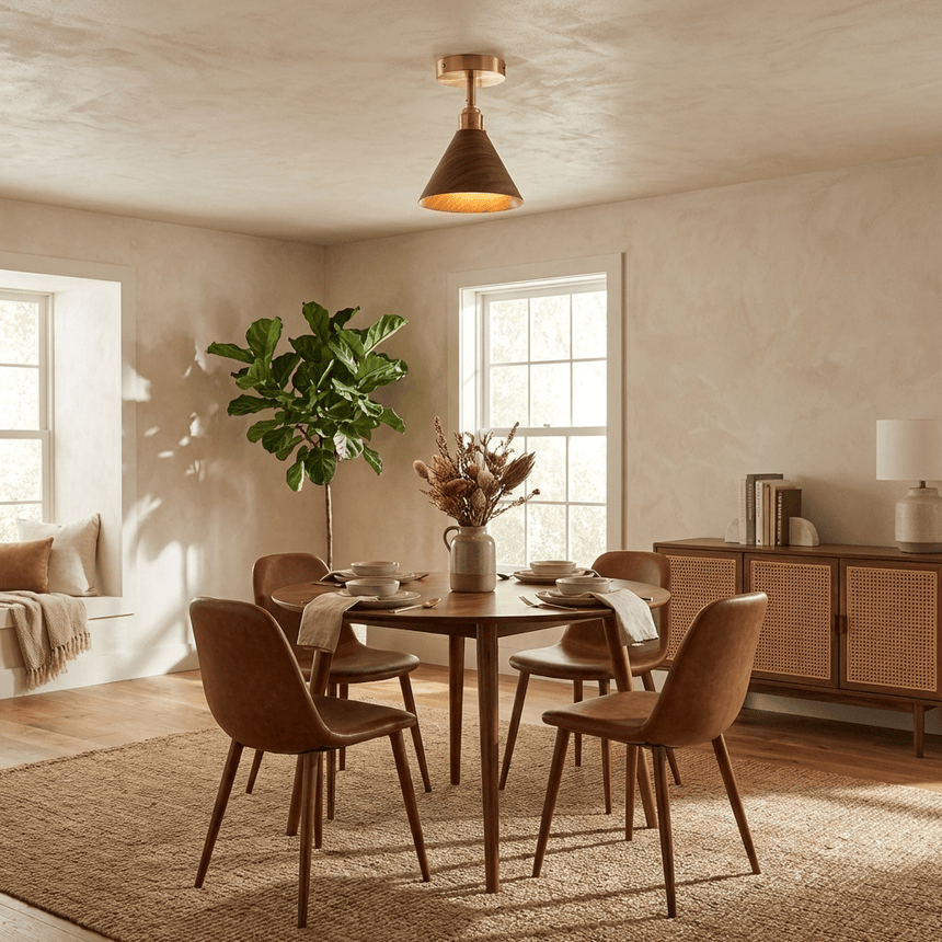 Cone ceiling light lit above a round dining table with a plant and wood chairs