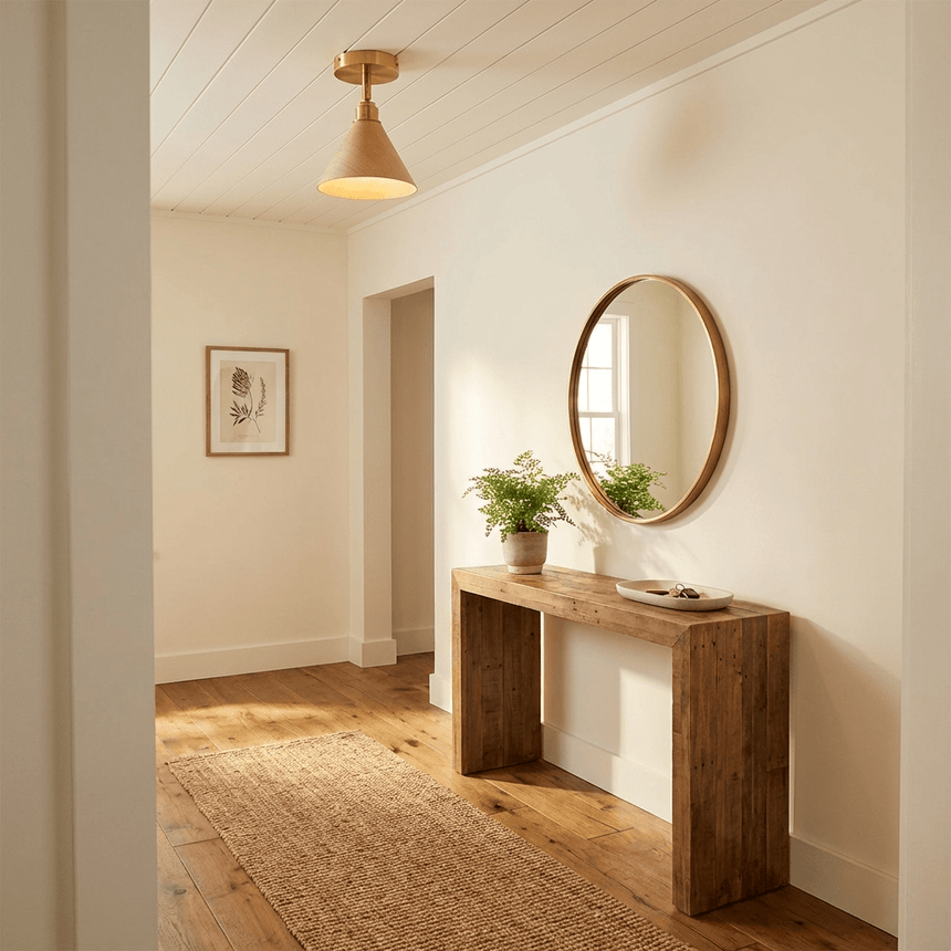 Cone ceiling light in a hallway above a wood console with a round mirror