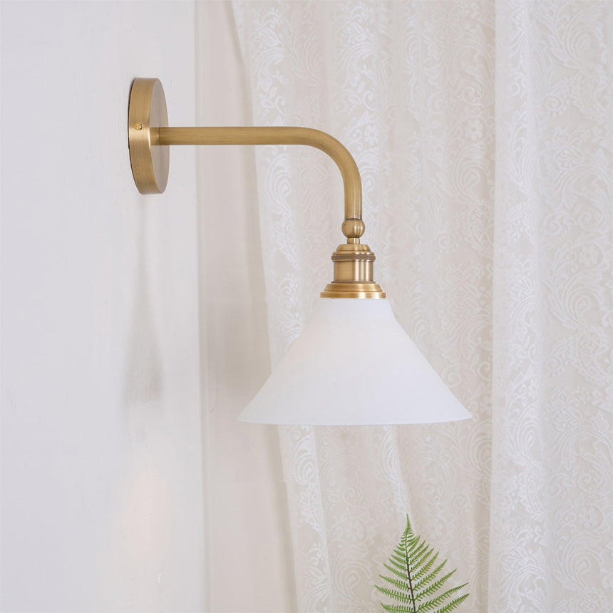 Close view of the long gooseneck arm and the brass socket above the cone