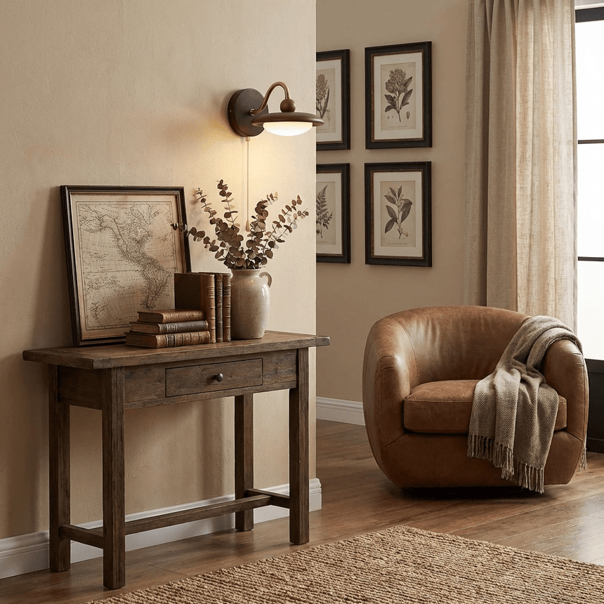 Sconce lit above a console with books beside a leather chair and frames
