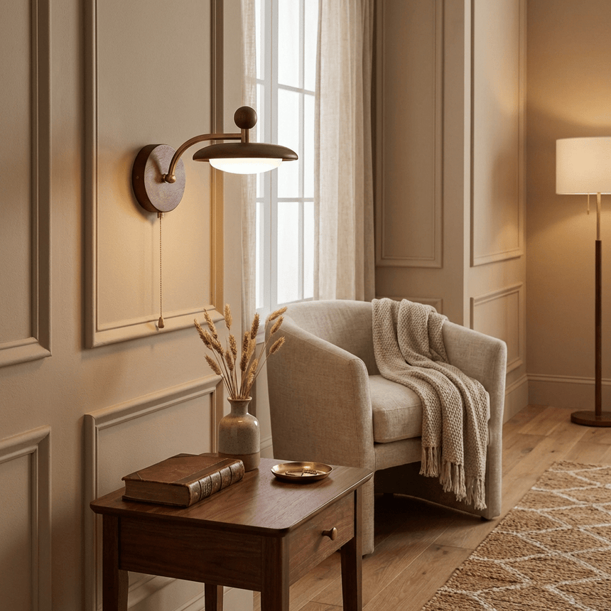 Sconce lit above a side table stacked with books beside a pale armchair
