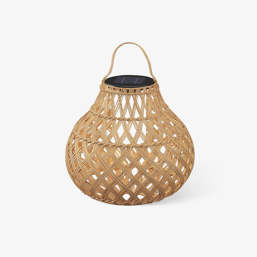 Woven gourd shaped lantern in natural cord with a leather carry strap